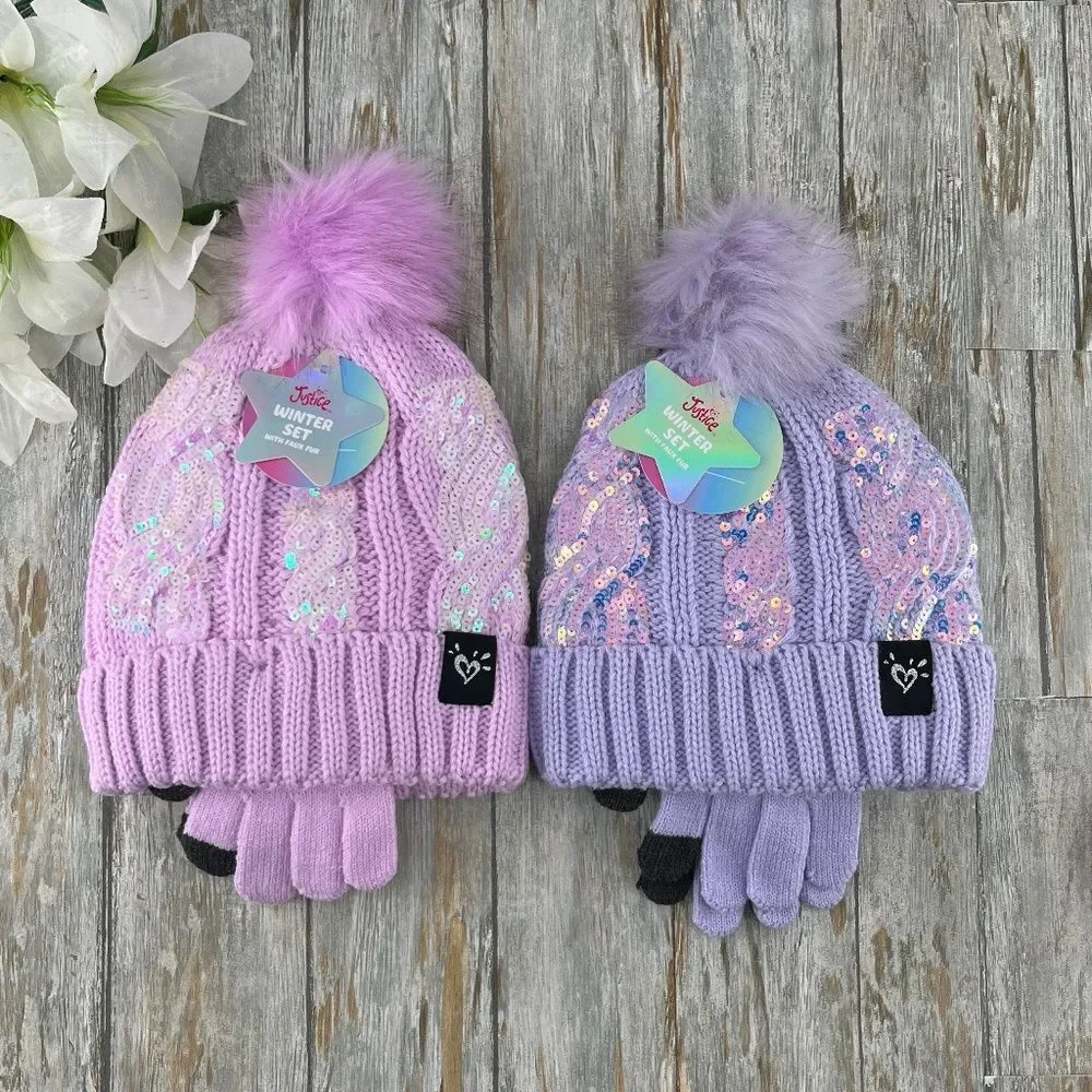 Girls Justice Sequin Cable Knit Hat and Gloves Set Pink 2-Pack